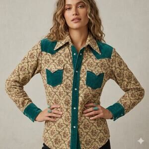 VTG Floral Tapestry Western Pearl Snap Shirt Sz M Cowgirl Velvet Indie Handmade